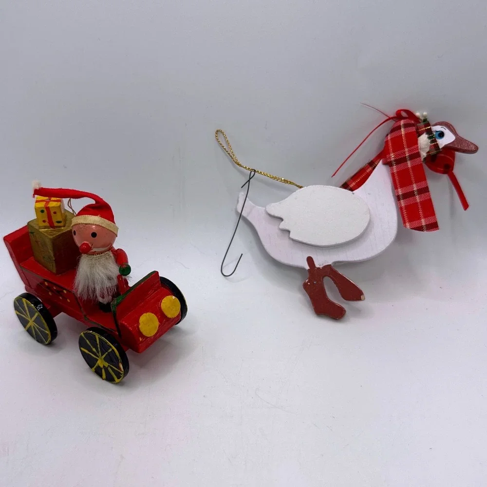 Vintage Wooden Christmas Ornaments Santa in Red‎ Car and Goose with Plaid Scarf